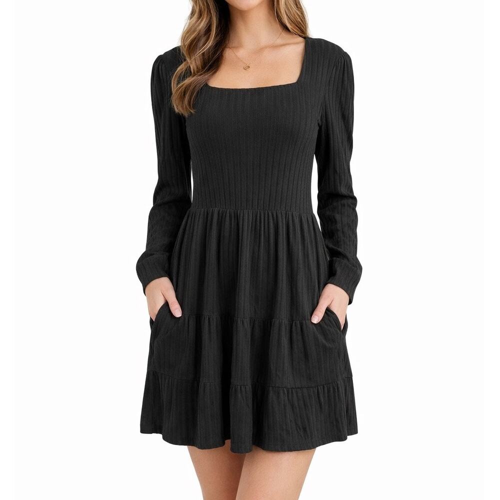 Ribbed Tiered Dress Szโ Med Square Neck w/ Pockets Boho Cottagecore Romantic